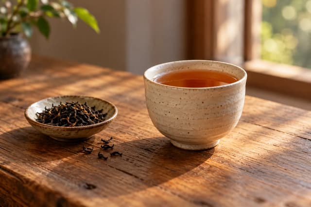 A cup of amber tea and loose leaves in warm light