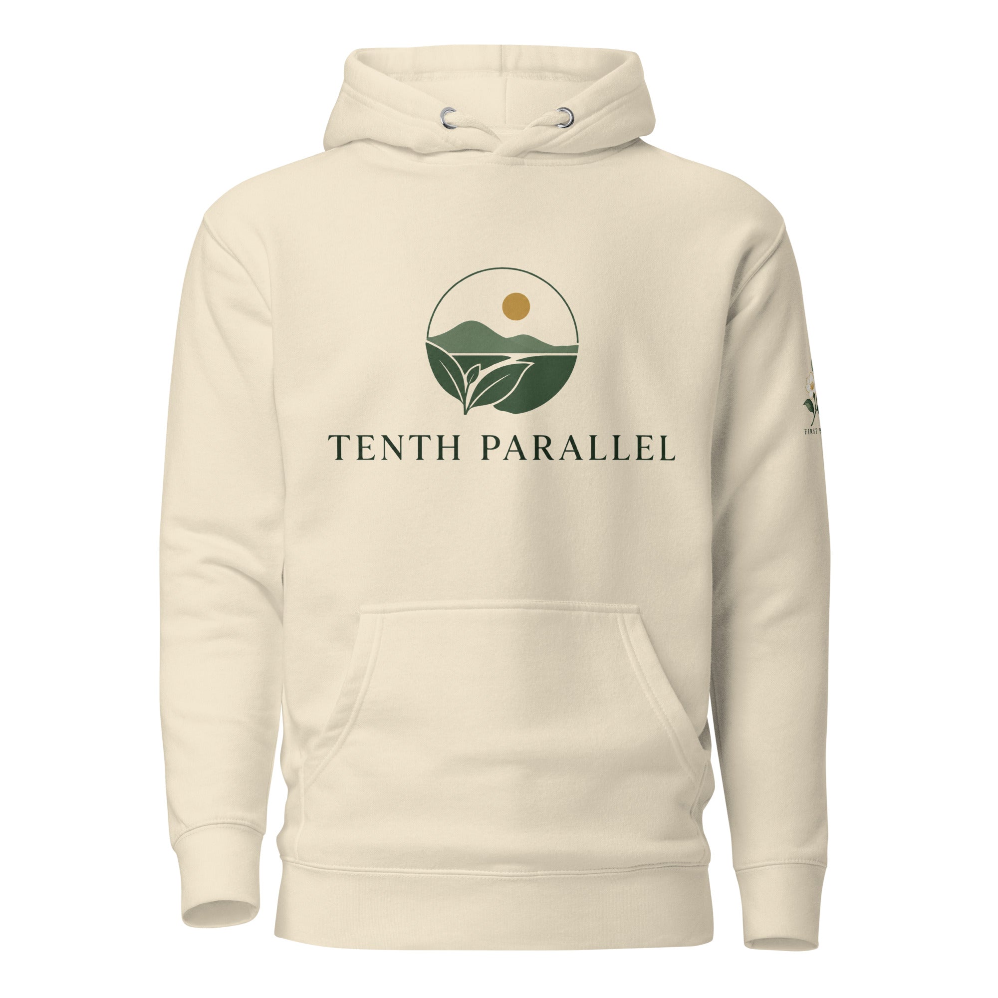 Bone hoodie with the Tenth Parallel logo centered on the chest